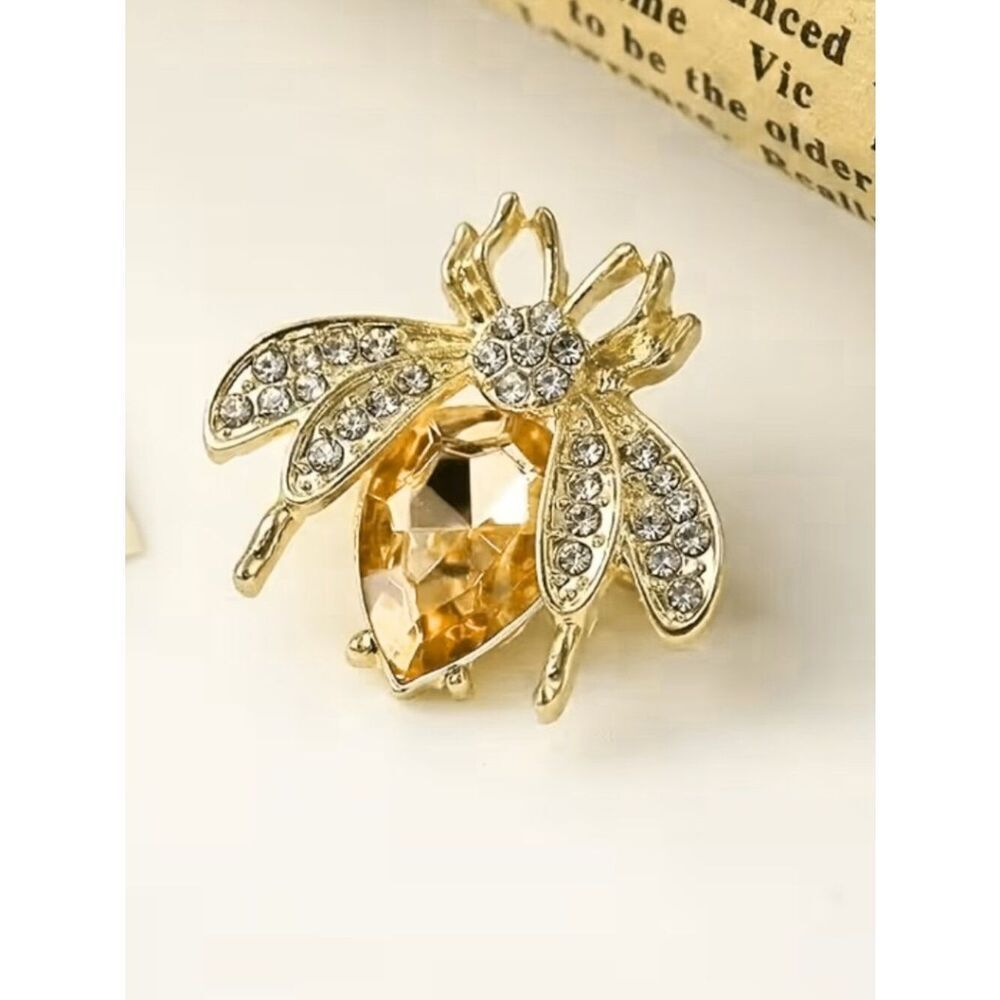 Bee Brooch Vintage Inspired Golden Tone Metal Light Amber Body Rhinestone Wings